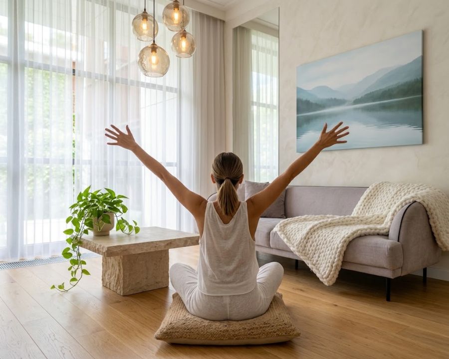 Good sleep hygiene habits of a woman practicing yoga in her living room on a cushion