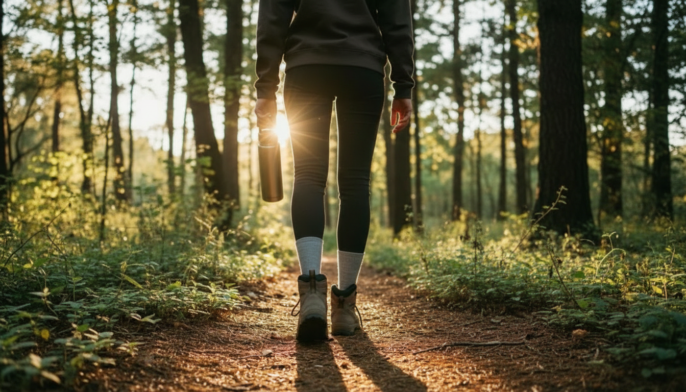 A woman walking a sunlit forest path